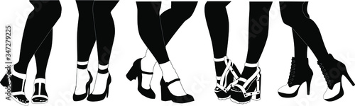 Vector fashion illustrations set of female legs in different shoes. Collection of silhouettes of various beautiful female legs isolated on white background. Slim women's legs in high-heeled shoes.