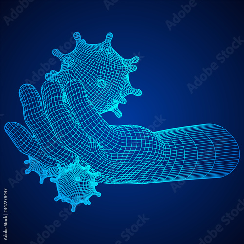 Human Arm Hand with Corona Virus virion of Coronavirus. Connection structure. Vector low poly wireframe mesh illustration