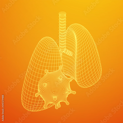 Corona Virus and Lungs with trachea bronchi internal organ human. Covid virus pulmonology medicine science concept. Wireframe low poly mesh vector illustration.