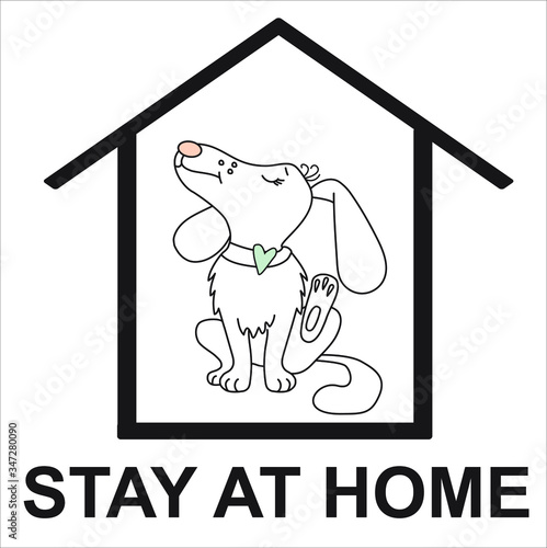 A cute, playful white dog with a heart sits in a house. It scratches the ear and rests. Caption - stay home. Virus protection. Vector sketch outline