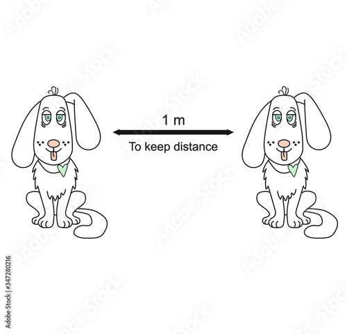Hold the remote sign with white dogs. Coronovirus epidemiological protection. Warning and protection. Keep a distance of 1 meter. Vector illustration
