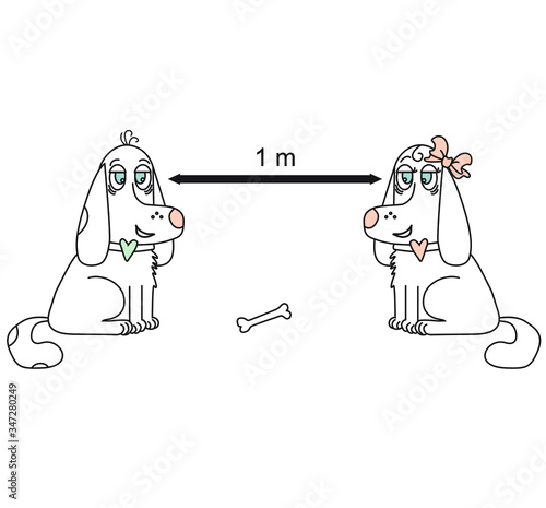 Hold the remote sign with white dogs. He and she. Coronovirus epidemiological protection. Warning and protection. Keep a distance of 1 meter. Vector illustration