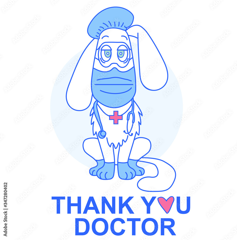 White dog doctor in medical clothes and protection - mask, gloves, hat, glasses and endoscope on a blue background. Vector illustration, contour drawing. Fight against viruses and COVID-19. Tex thanks