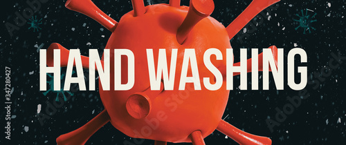 Hand washing theme with a big red virus photo