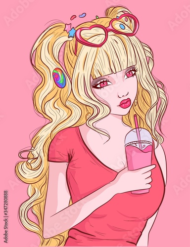 Blonde anime girl holding a cup of plastic in her hand. Pink lolita woman surrounded by candies on her hair.