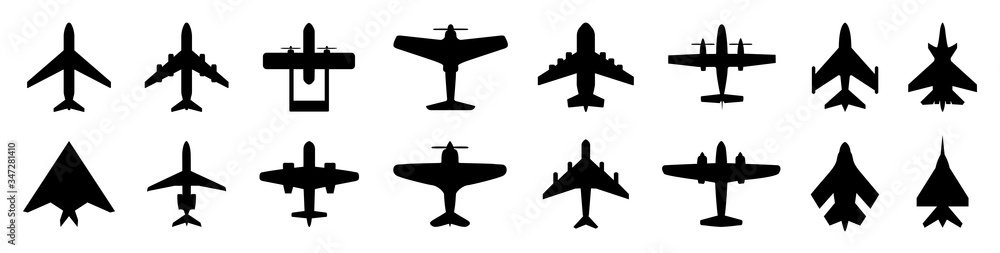 Fototapeta Set plane icons, different historical airplane, passenger airplanes, aircraft