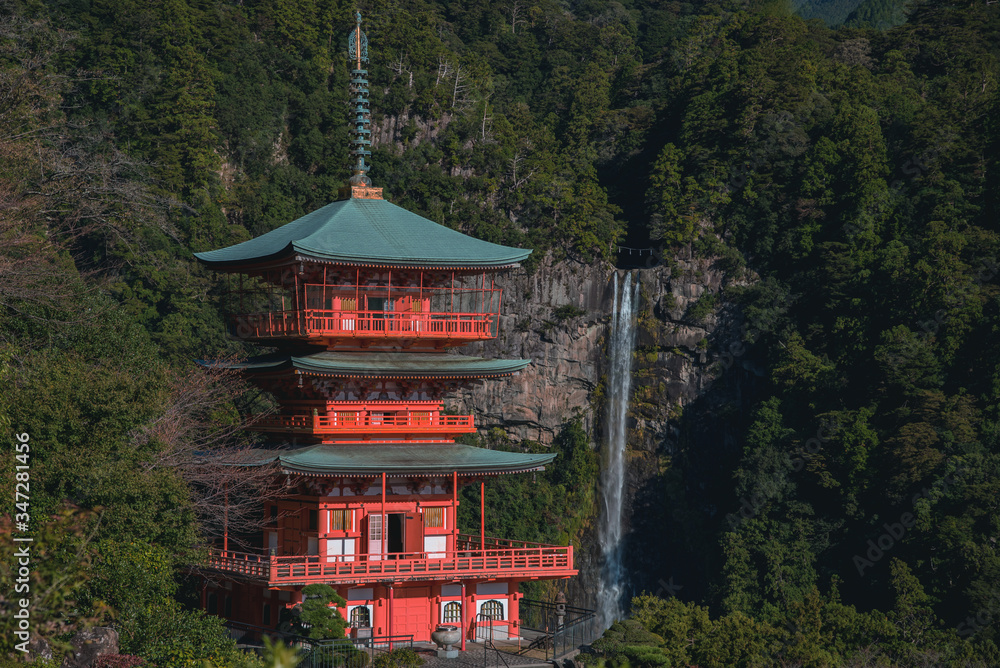 Nachi temple and Nachi waterfall in the morning times Nachi temple and Nachi waterfall in the morning times