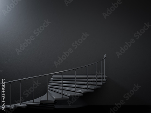 3d render of black spiral stairs in dark empty iterior. Perfect illustration for placing your text or advertisement. COncept of business achievement.
