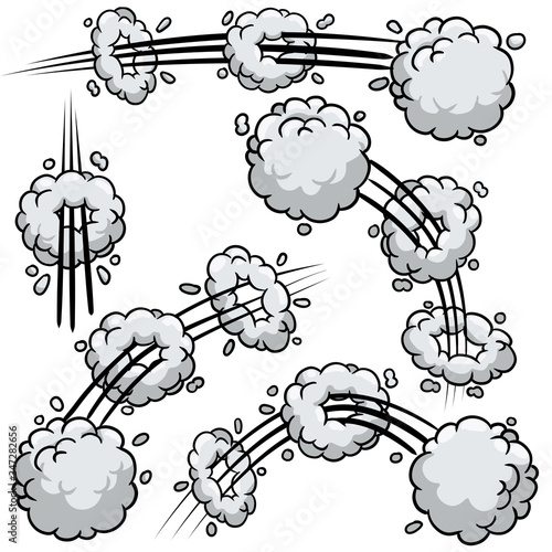 Comic bubble cloud. Cartoon black and white illustration. Set of Funny smoke and steam. Track and trace. An abstract element of movement