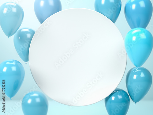 Wall Mural 3d render of white round blank plate or board and flying blue air balloons