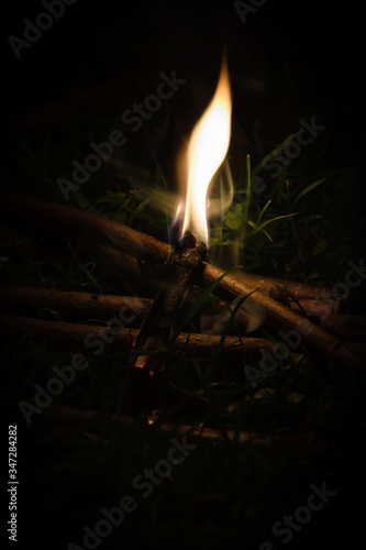 bonfire log burning in grass 
