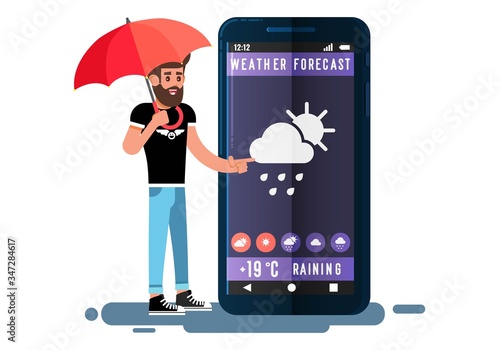 Man with umbrella standing in large smartphone