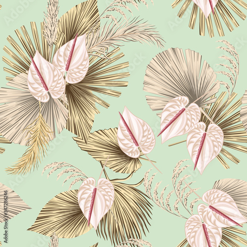 Tropical floral boho dried palm leaves, anthurium flower seamless pattern green background. Exotic jungle wallpaper.