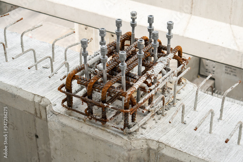 Metal reinforcement support in concrete wall beam of skytrain station structure, modern railway transportatoin construction Civil engineering photo