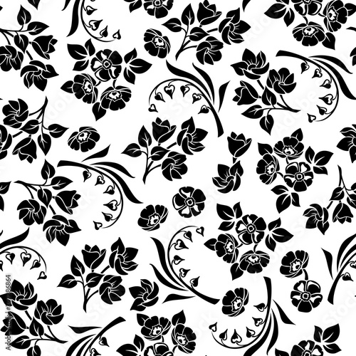 Vector seamless black and white floral pattern with various flowers.
