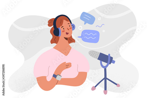 Podcast host recoding, streaming an series of online radio episode. Woman blogger in headset and microphone, making media record at home or studio, hand drawn cartoon vector illustration isolated