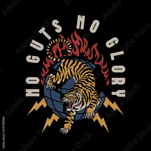 Lightning Eyes Tiger and Burning Globe Illustration with Slogans Vector Artwork for Apparel and Other Uses