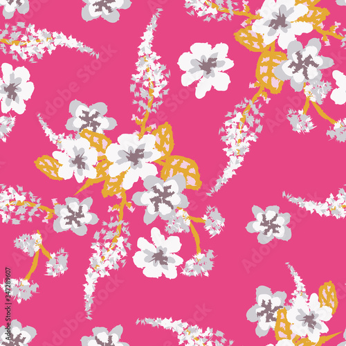 Light floral bouquets seamless vector pattern on a vibrant pink. Decorative feminine surface print design. For fabrics  stationery  wrapping paper  cards  andv packaging.