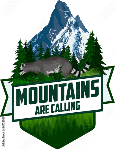 Mountains Are Calling. vector Outdoor Adventure Inspiring Motivation Emblem logo illustration with racoon