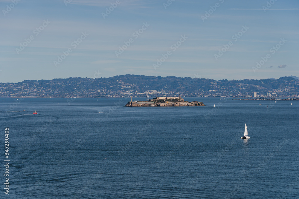 Alcatraz Prison Island in San Francisco Bay, offshore from San Francisco, California, a small island with military fortification and federal prison, now a famous national historical landmark