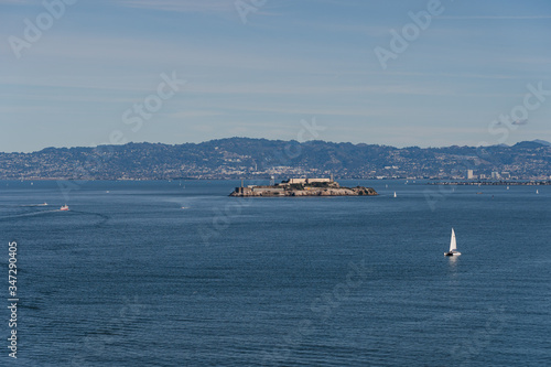 Alcatraz Prison Island in San Francisco Bay, offshore from San Francisco, California, a small island with military fortification and federal prison, now a famous national historical landmark