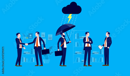 No luck in business - Unlucky businessman standing under bad weather in office with rain and lightning. Bad luck, dark times and misfortune concept. Vector illustration.