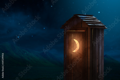Photos 3D rendering of an old outhouse at night