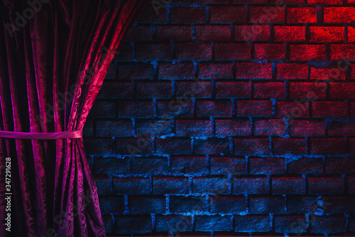 Fototapeta 3D rendering of a brick wall with a red curtain