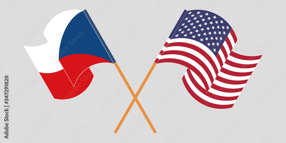 Crossed and waving flags of Czech Republic and the USA