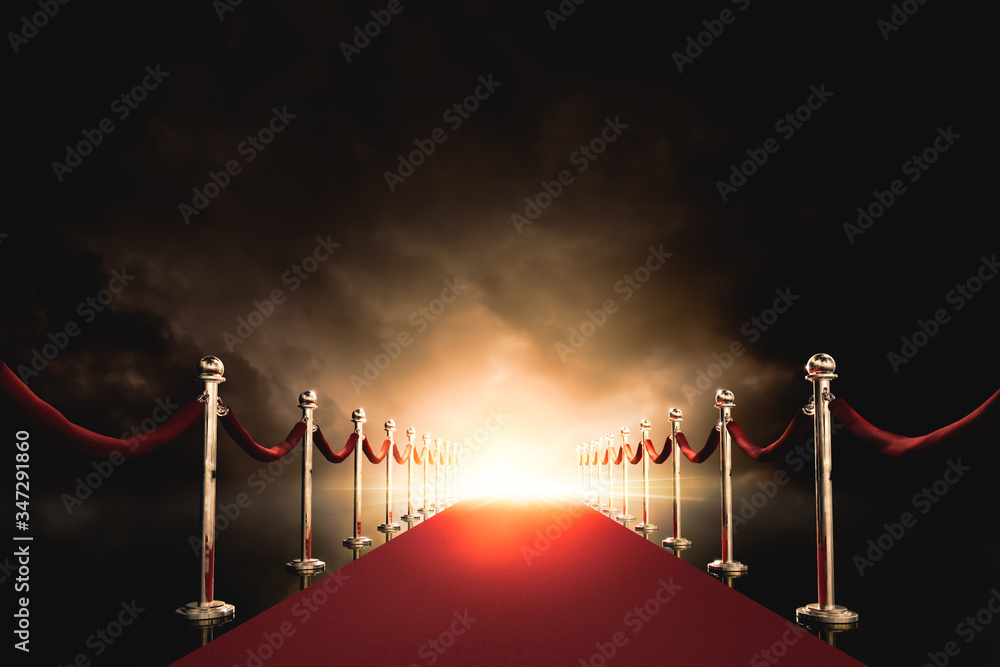 Red carpet with bright light in the end / 3D illustration - obrazy, fototapety, plakaty 