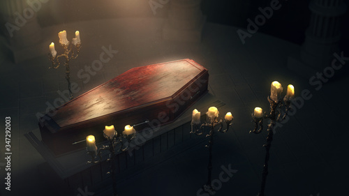 Photography closed wood coffin with candles in a dark crypt / 3D rendering, illustration