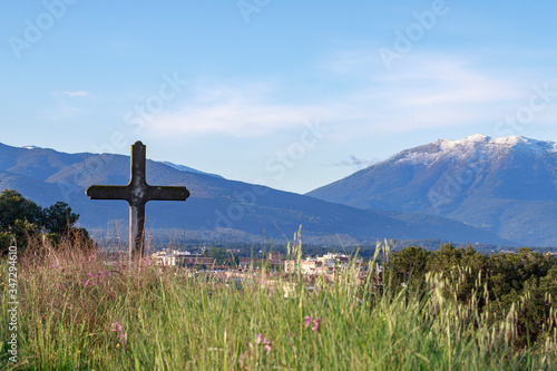 A panoramic view on snowed Montseny mountain from Cardedeu hills, in vallés oriental region, near Barcelona, Catalonia, Spain. photo