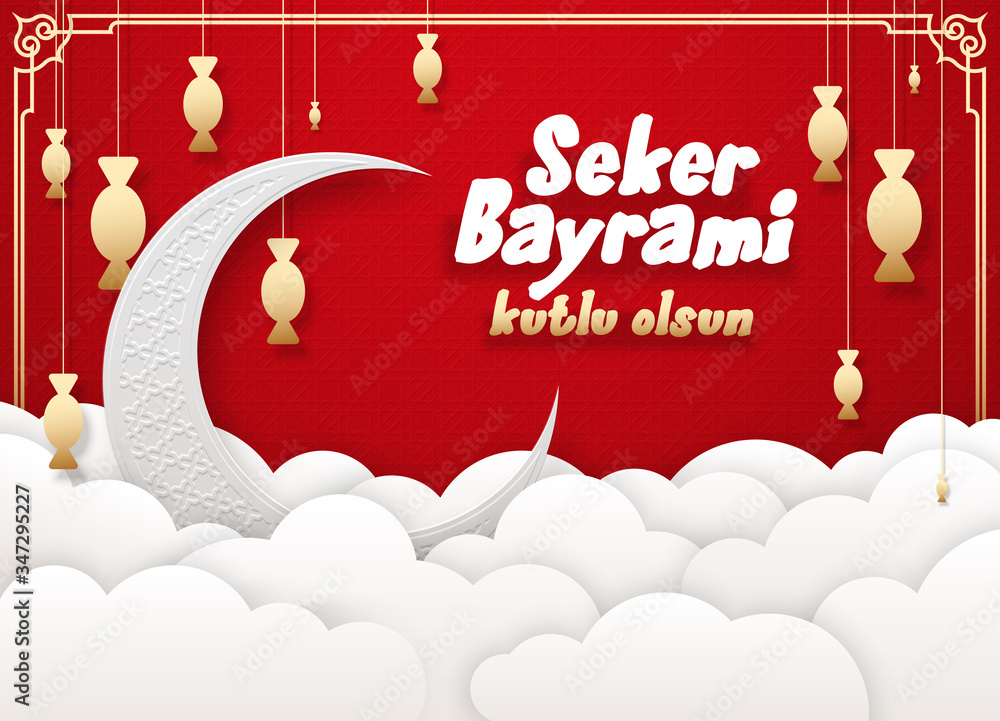 Naklejka premium Seker bayrami Eid Al-Fitr mubarak greeting card illustration. Tr: Sugar festival Eid al Adha, Welcoming ramadan Mubarak. muslim holy month posters invitations design with 3d flat paper cut with shadow
