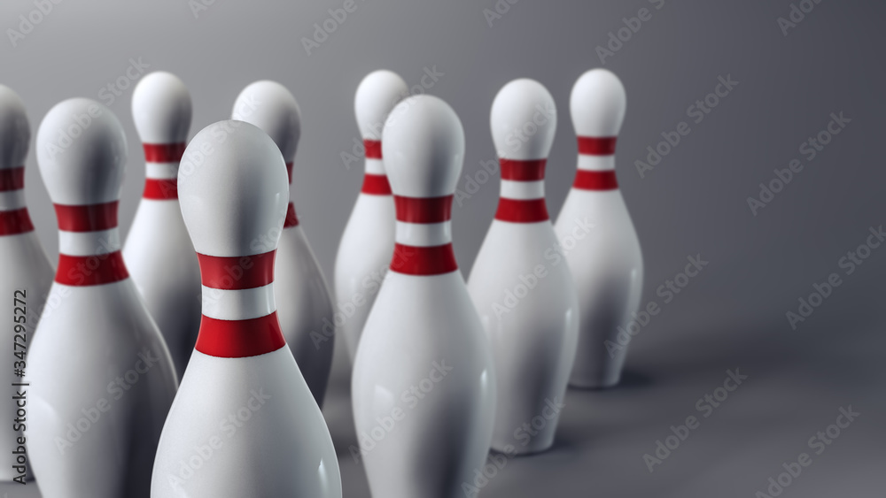 3D illustration of bowling pins on a gray background 3D illustration of bowling pins on a gray background