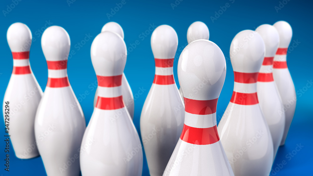 3D illustration of bowling pins in a blue background 3D illustration of bowling pins in a blue background