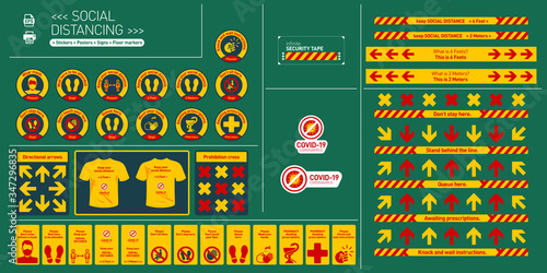 Social distancing, set of Stickers, Posters, Signs, Floor markers for public and private spaces, commercial stores, offices, houses, elevators, parking, subway, taxi, bus. Covid-19, Corona virus, Sars