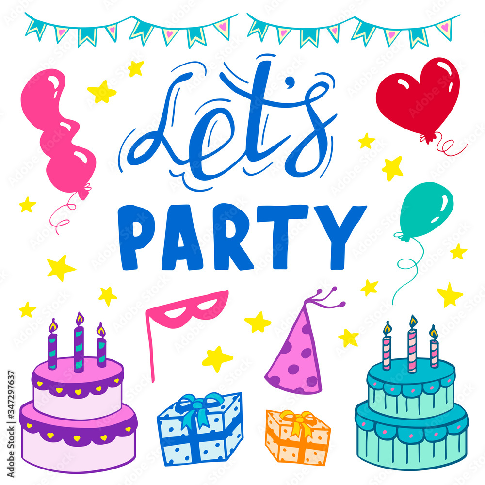 Let's party, handwritten lettering. Vector illustration of decorative elements isolated on white background. Happy birthday and holiday celebration.