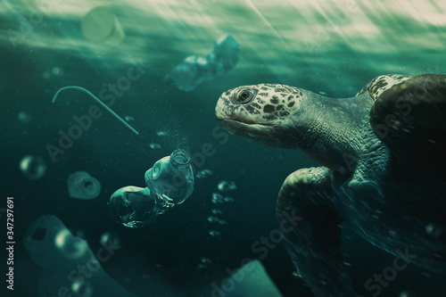 Slika na platnu turtle swiming among trash in the ocean / photo composite