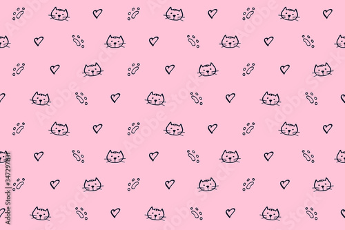 Cat pattern of pink color. Repeating background with hand drawn elements: cats and cat paws. Texture illustration.