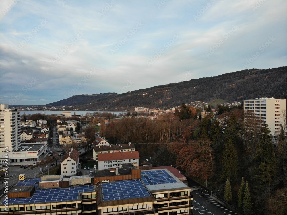 Aerial view of Bregenz city (Schoellergasse Neighborhood) in Vorarlberg, Austria.