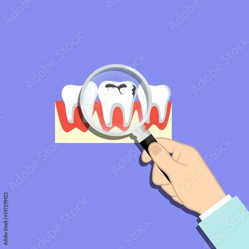 Finding problem teeth, caries, dirty enamel. Magnifying glass in hand. Tooth with caries icon on isolated background. EPS 10 vector.