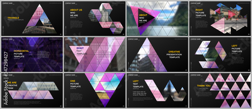 Minimal presentations design, portfolio vector templates with triangular design background, triangle style pattern. Multipurpose template for presentation slide, flyer leaflet, brochure cover, report.
