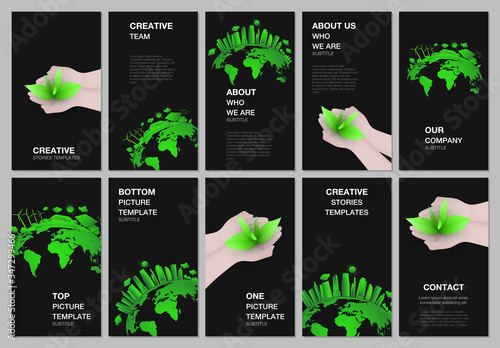 Social networks stories design, vertical banner or flyer templates. Covers design templates for flyer, leaflet, brochure cover, banner. Earth planet health care, sustainable development concept.