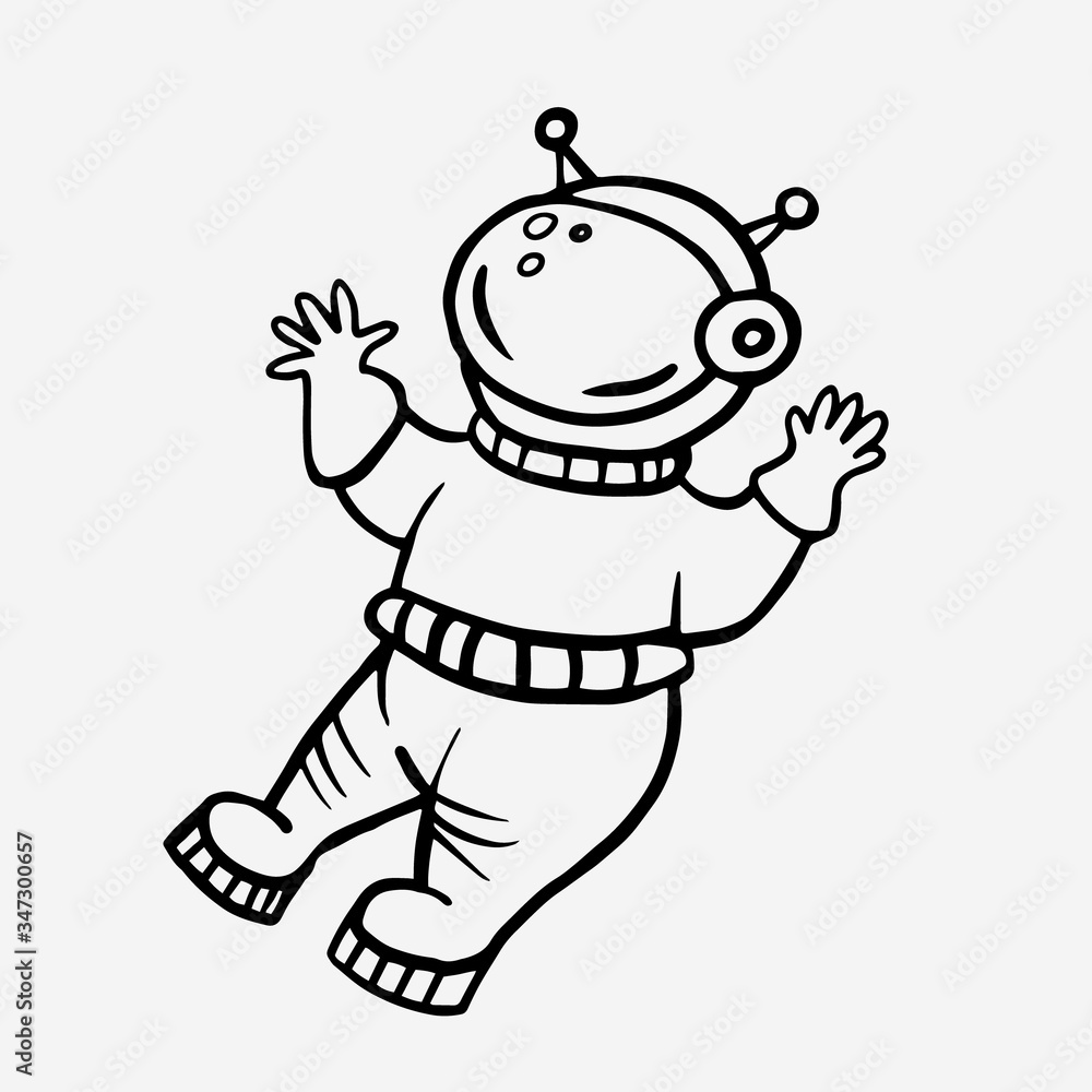 Obraz premium Cosmonaut. Vector linear drawing of an astronaut. Doodle style drawing. Man in space