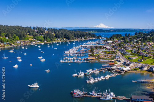 Beautiful day in the northwest of a harbor town with boats and mt rainier