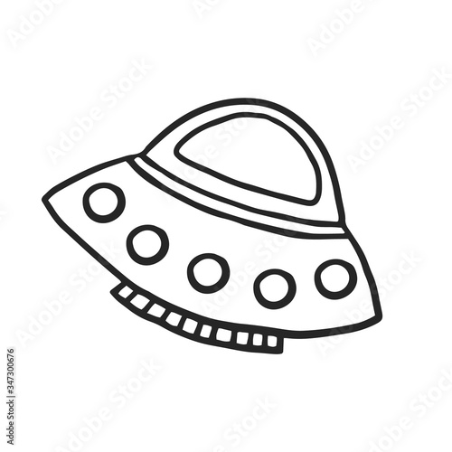 Flying saucer on a white background. Spaceship. Vector doodle spaceship in doodle style.