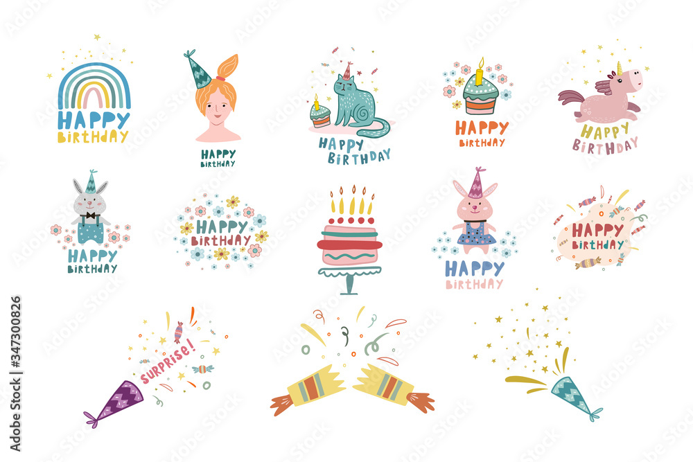 Set of birthday designs. Birthday illustrations. Vector color flat drawings. Doodle style artwork.