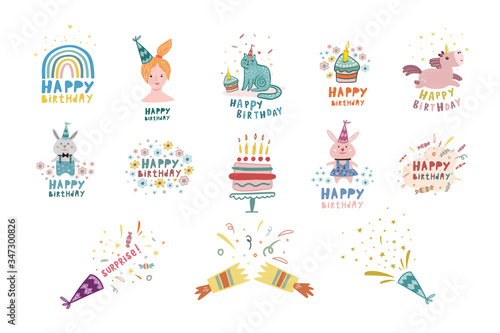 Set of birthday designs. Birthday illustrations. Vector color flat drawings. Doodle style artwork.