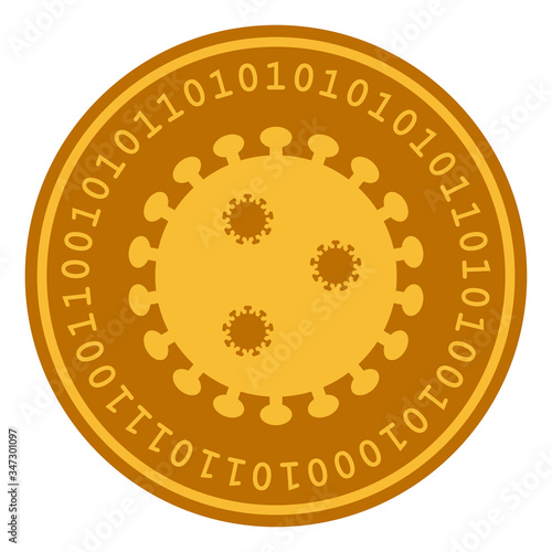 Vector digital covid-19 coin flat icon. Vector pictograph style is a flat symbol digital covid-19 coin icon on a white background.