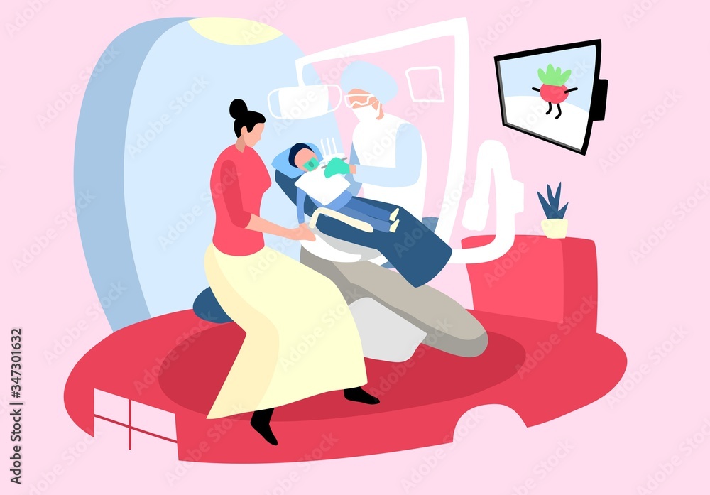 Mother with child at at the dentist’s appointment vector illustration. a Doctor checks a kid’s teeth. Patient with toothache. Family at dental clinic. Health care concept. Сaries diagnostic. Mother with child at at the dentist’s appointment vector illustration. a Doctor checks a kid’s teeth. Patient with toothache. Family at dental clinic. Health care concept. Сaries diagnostic.